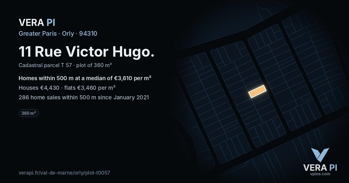 11 Rue Victor Hugo, Orly at night – the plot lit, the parcels around coloured by the prices near them