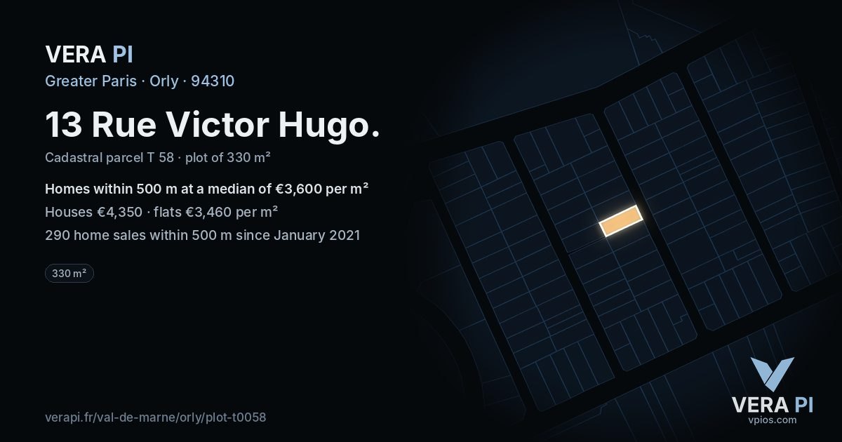 13 Rue Victor Hugo, Orly at night – the plot lit, the parcels around coloured by the prices near them