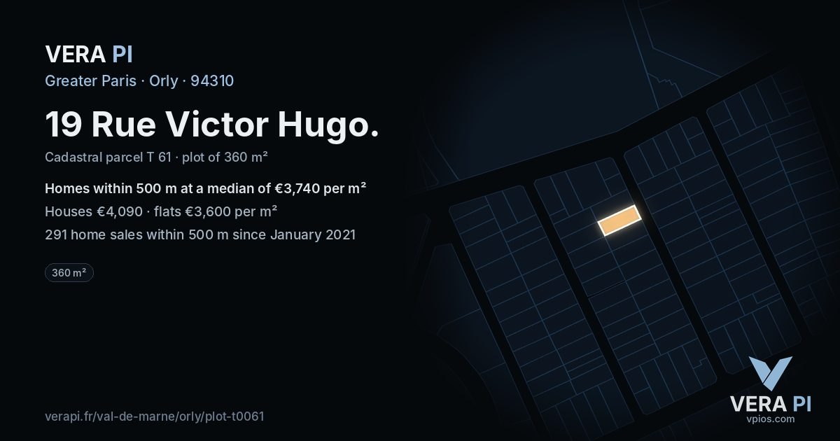 19 Rue Victor Hugo, Orly at night – the plot lit, the parcels around coloured by the prices near them