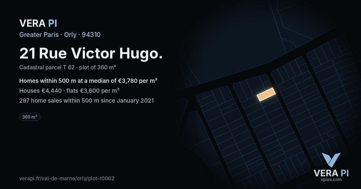 21 Rue Victor Hugo, Orly at night – the plot lit, the parcels around coloured by the prices near them