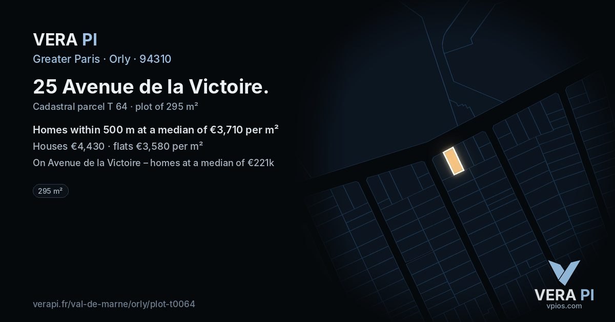 25 Avenue de la Victoire, Orly at night – the plot lit, the parcels around coloured by the prices near them