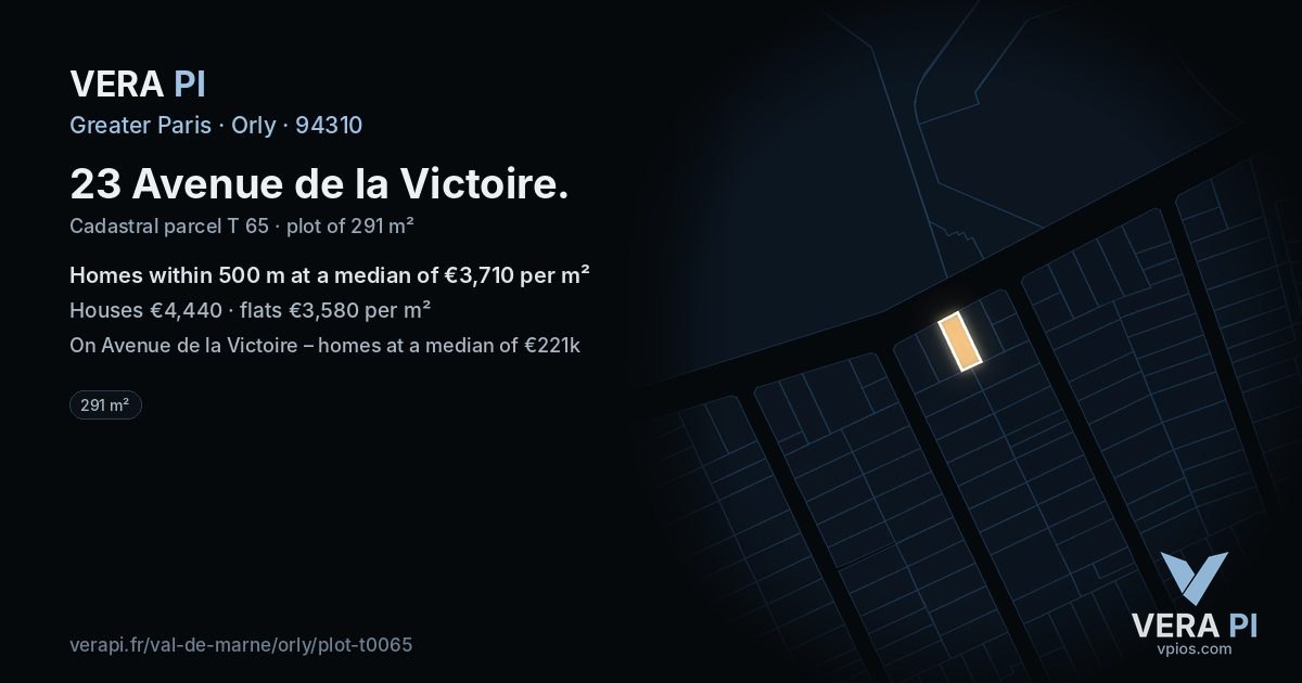 23 Avenue de la Victoire, Orly at night – the plot lit, the parcels around coloured by the prices near them