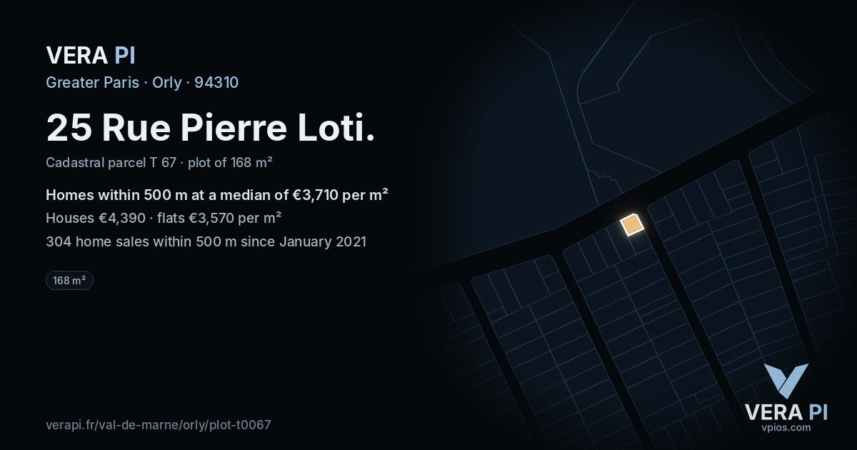 25 Rue Pierre Loti, Orly at night – the plot lit, the parcels around coloured by the prices near them