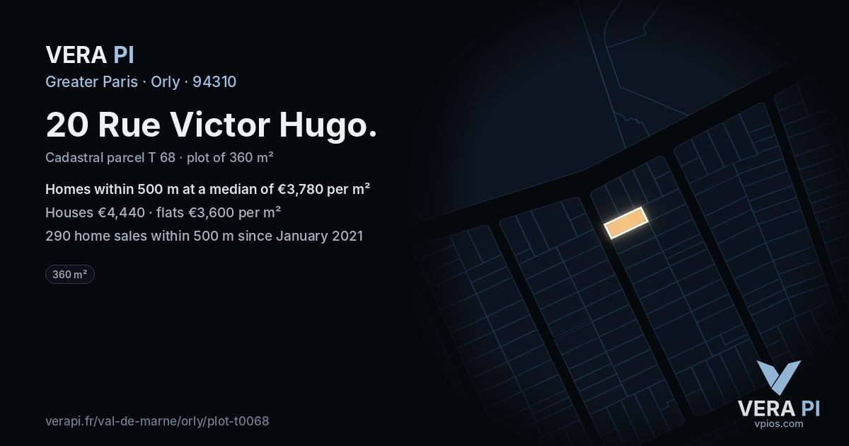 20 Rue Victor Hugo, Orly at night – the plot lit, the parcels around coloured by the prices near them