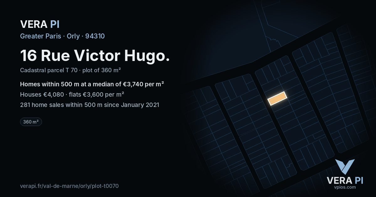 16 Rue Victor Hugo, Orly at night – the plot lit, the parcels around coloured by the prices near them