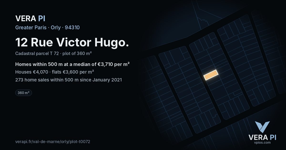 12 Rue Victor Hugo, Orly at night – the plot lit, the parcels around coloured by the prices near them
