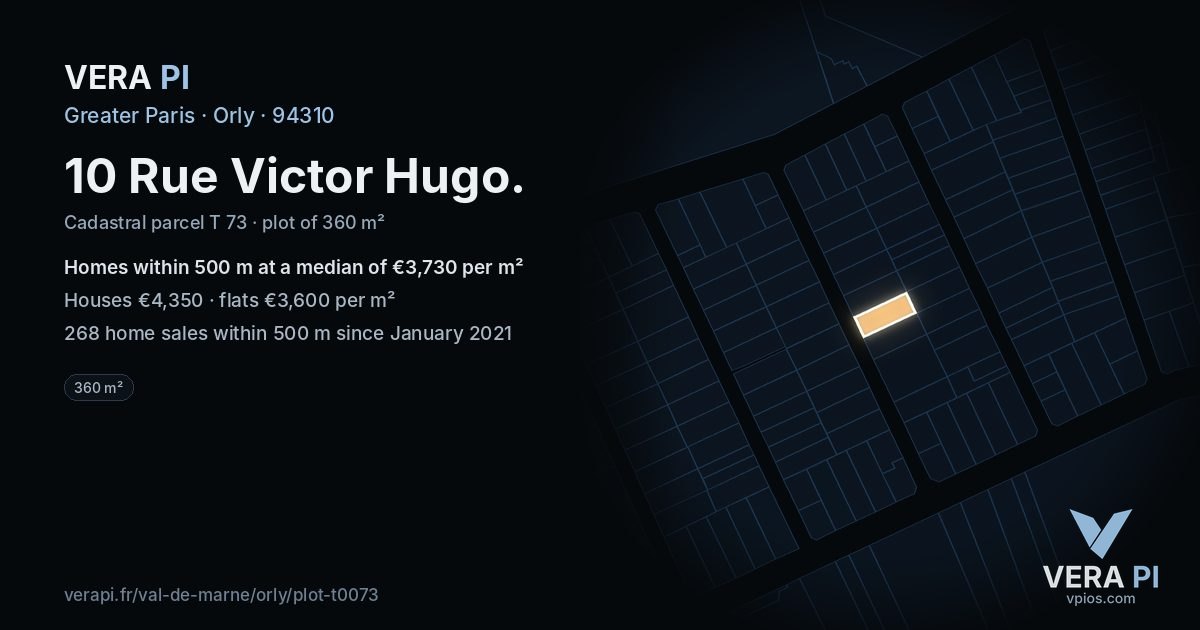 10 Rue Victor Hugo, Orly at night – the plot lit, the parcels around coloured by the prices near them