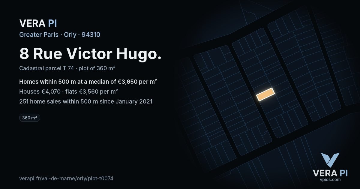 8 Rue Victor Hugo, Orly at night – the plot lit, the parcels around coloured by the prices near them