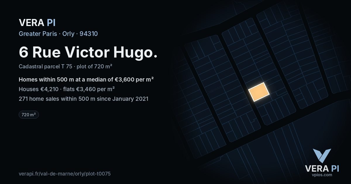 6 Rue Victor Hugo, Orly at night – the plot lit, the parcels around coloured by the prices near them