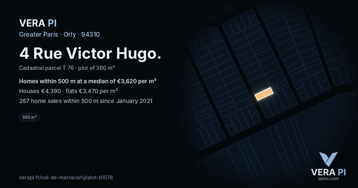 4 Rue Victor Hugo, Orly at night – the plot lit, the parcels around coloured by the prices near them