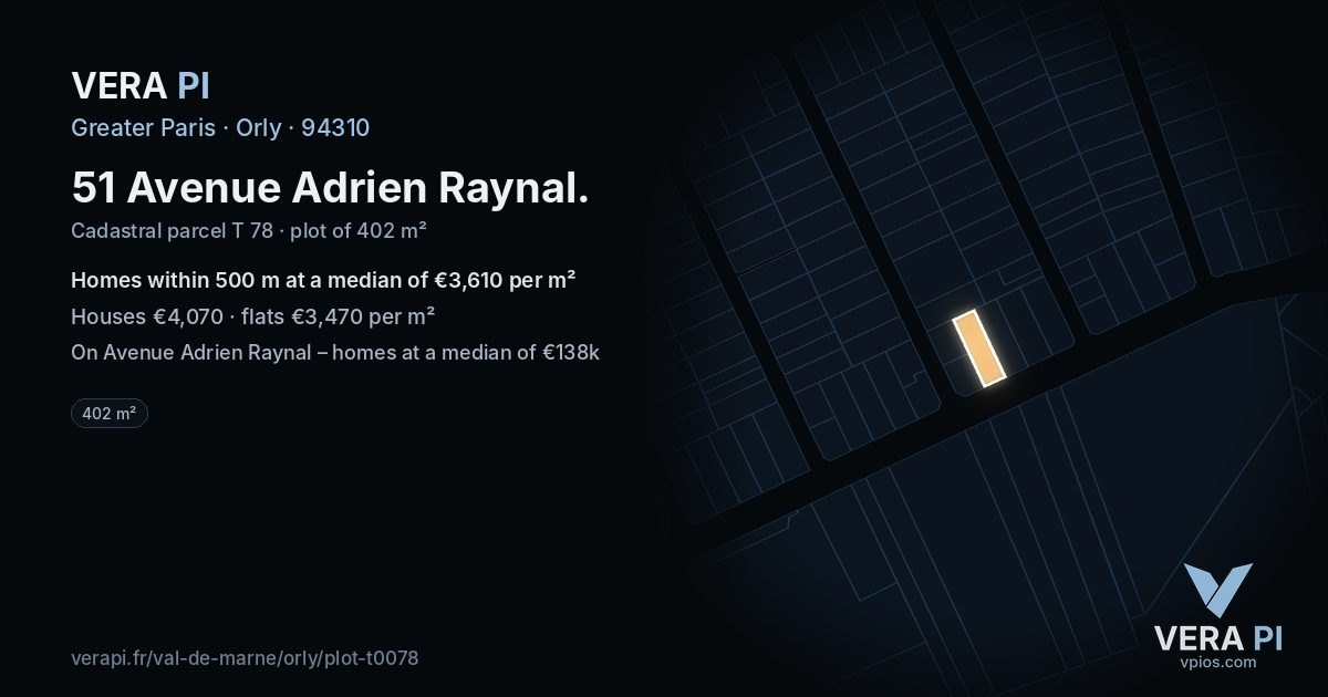 51 Avenue Adrien Raynal, Orly at night – the plot lit, the parcels around coloured by the prices near them