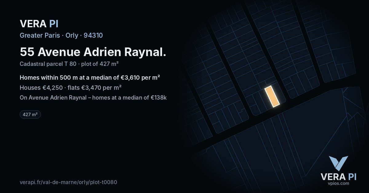 55 Avenue Adrien Raynal, Orly at night – the plot lit, the parcels around coloured by the prices near them