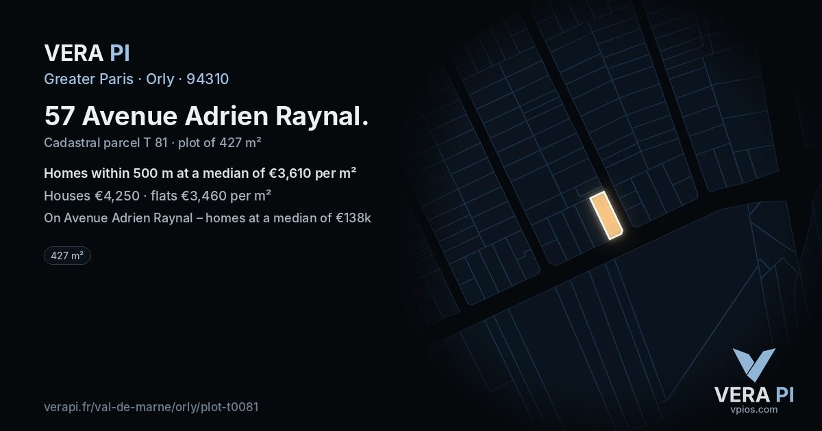 57 Avenue Adrien Raynal, Orly at night – the plot lit, the parcels around coloured by the prices near them
