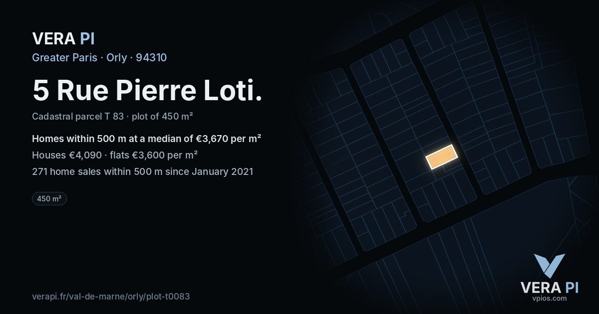 5 Rue Pierre Loti, Orly at night – the plot lit, the parcels around coloured by the prices near them