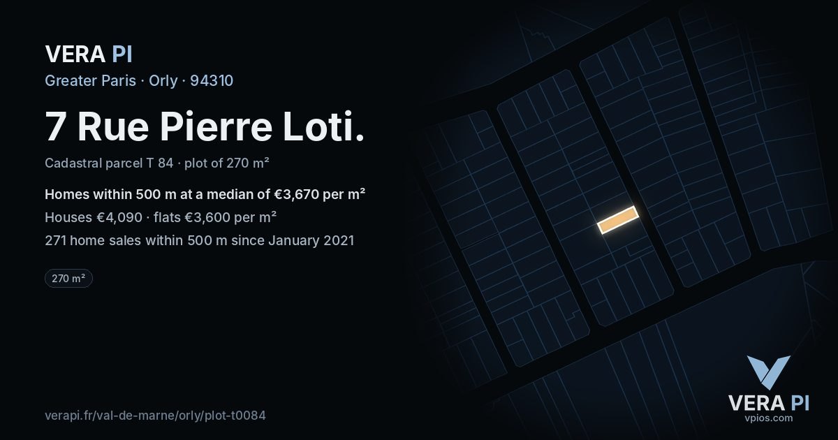 7 Rue Pierre Loti, Orly at night – the plot lit, the parcels around coloured by the prices near them