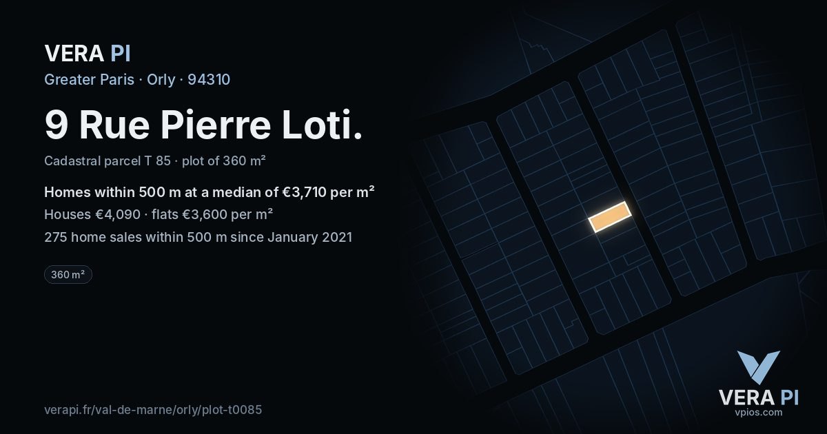 9 Rue Pierre Loti, Orly at night – the plot lit, the parcels around coloured by the prices near them