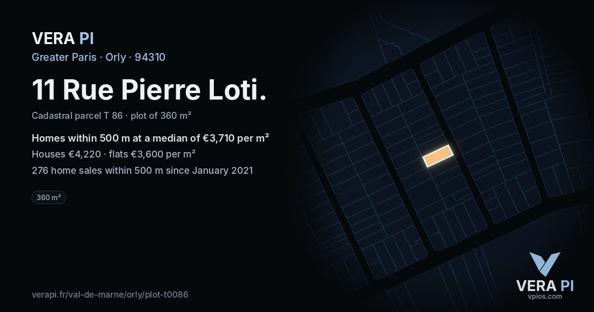 11 Rue Pierre Loti, Orly at night – the plot lit, the parcels around coloured by the prices near them