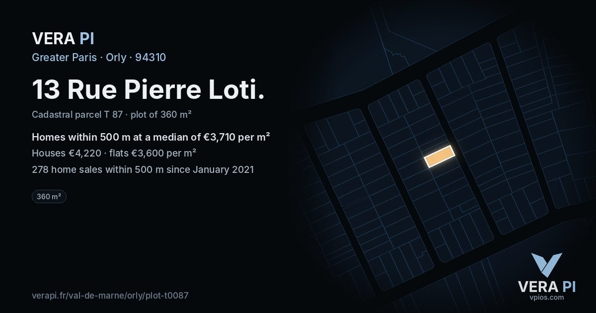 13 Rue Pierre Loti, Orly at night – the plot lit, the parcels around coloured by the prices near them