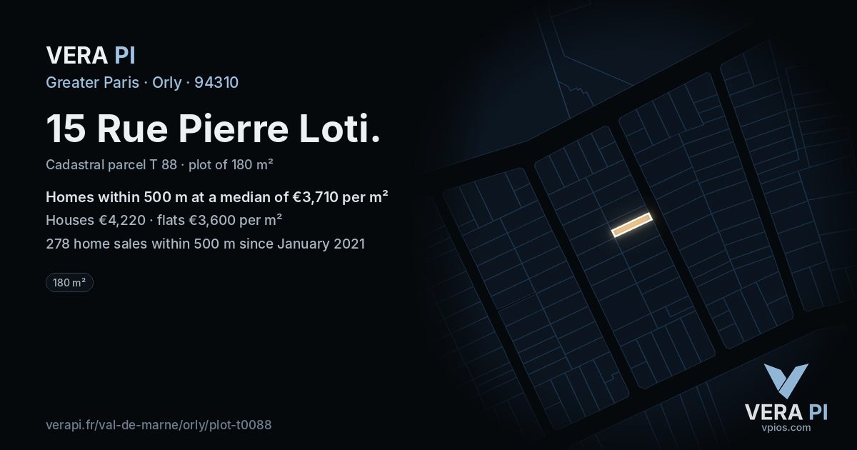 15 Rue Pierre Loti, Orly at night – the plot lit, the parcels around coloured by the prices near them