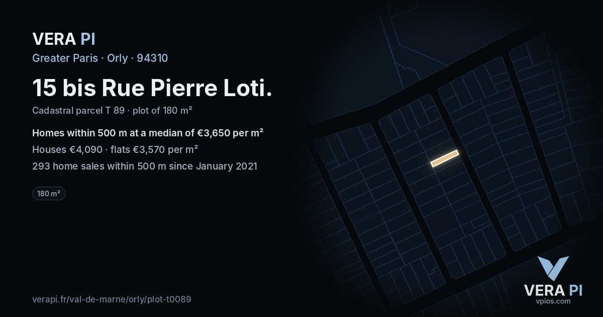 15 bis Rue Pierre Loti, Orly at night – the plot lit, the parcels around coloured by the prices near them