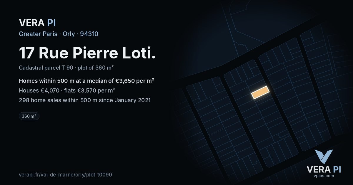 17 Rue Pierre Loti, Orly at night – the plot lit, the parcels around coloured by the prices near them