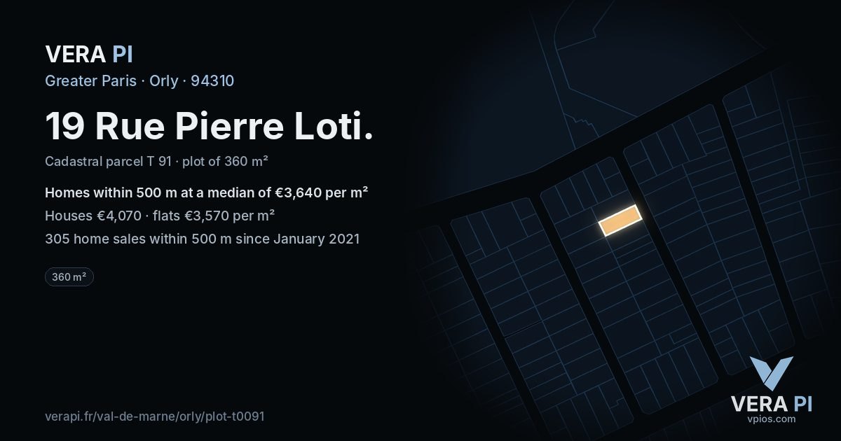 19 Rue Pierre Loti, Orly at night – the plot lit, the parcels around coloured by the prices near them