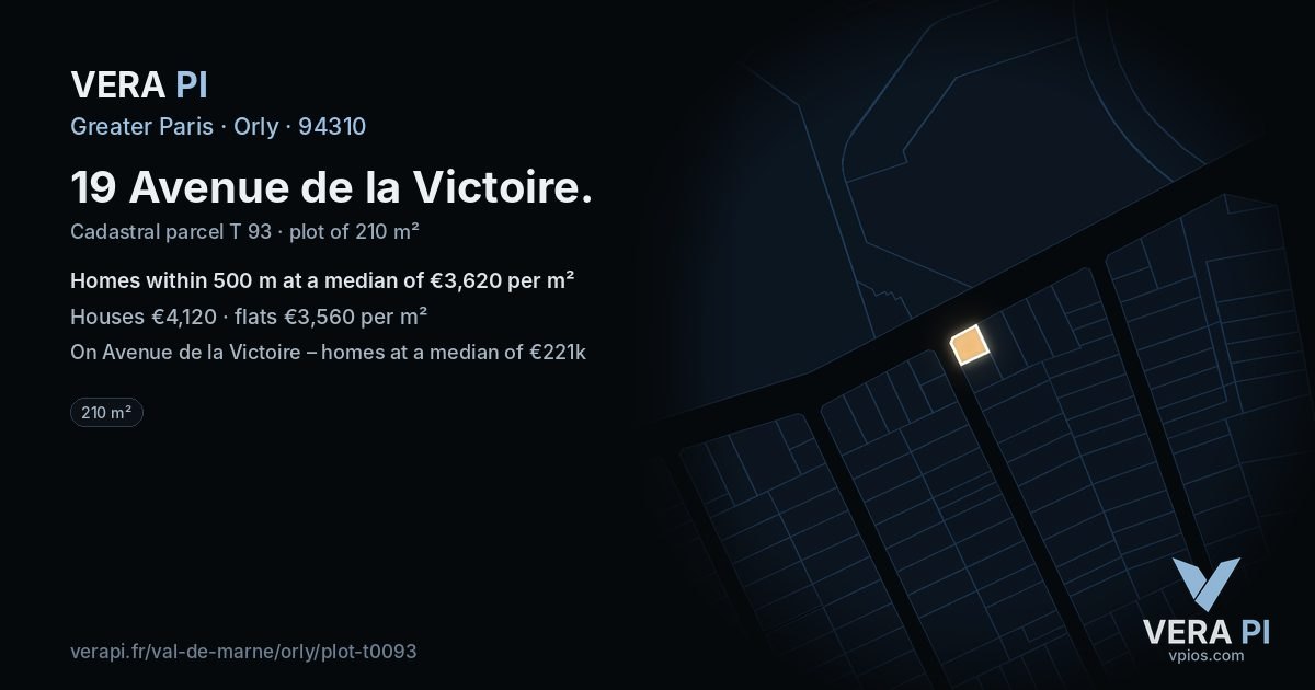 19 Avenue de la Victoire, Orly at night – the plot lit, the parcels around coloured by the prices near them
