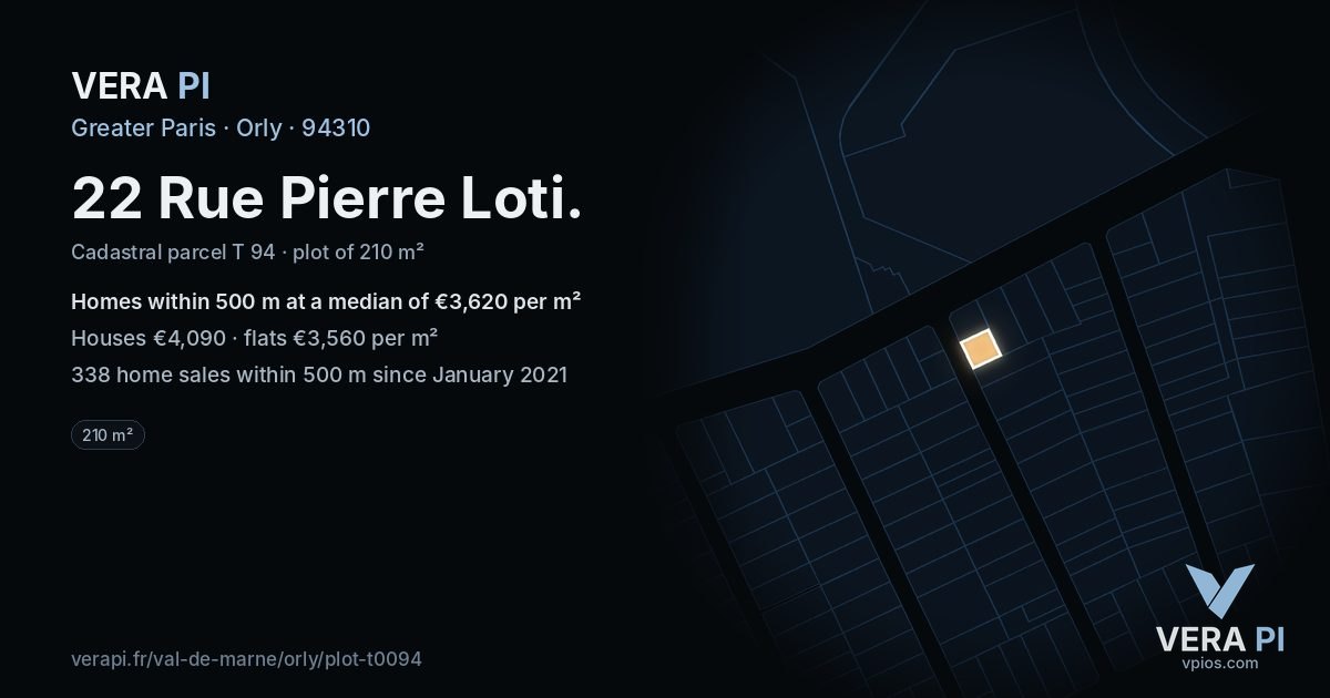22 Rue Pierre Loti, Orly at night – the plot lit, the parcels around coloured by the prices near them