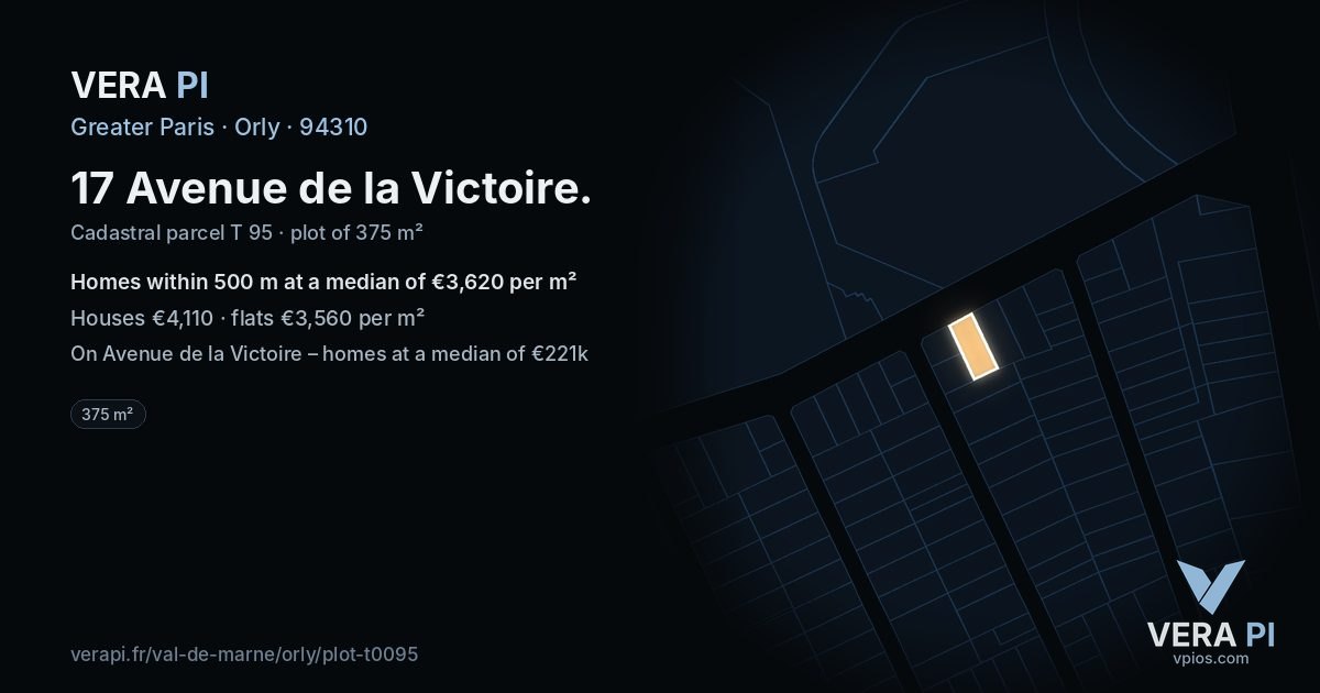 17 Avenue de la Victoire, Orly at night – the plot lit, the parcels around coloured by the prices near them