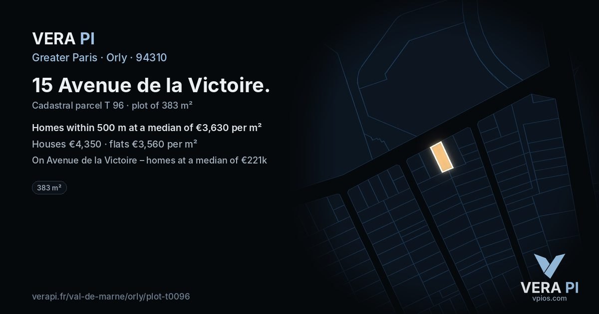 15 Avenue de la Victoire, Orly at night – the plot lit, the parcels around coloured by the prices near them