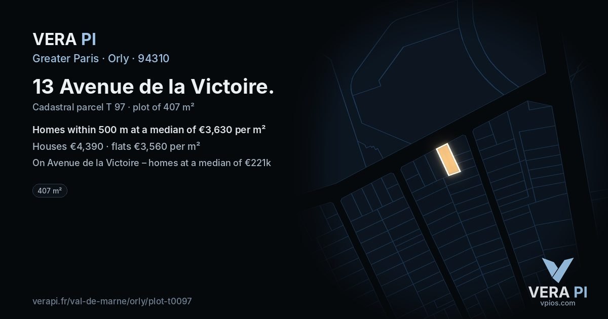 13 Avenue de la Victoire, Orly at night – the plot lit, the parcels around coloured by the prices near them