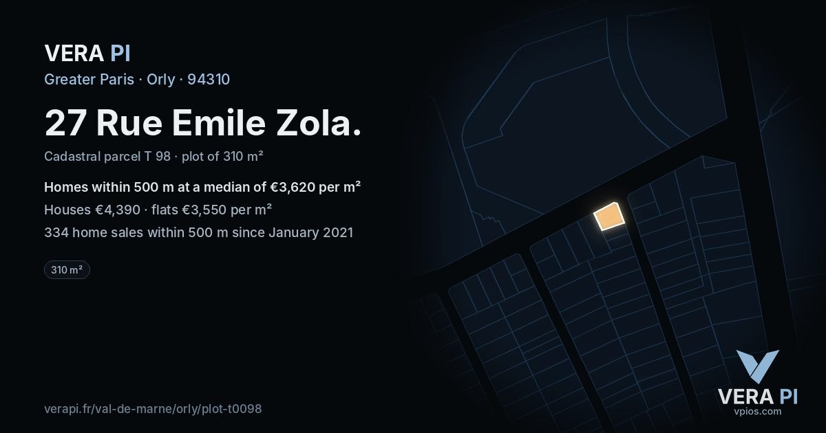 27 Rue Emile Zola, Orly at night – the plot lit, the parcels around coloured by the prices near them