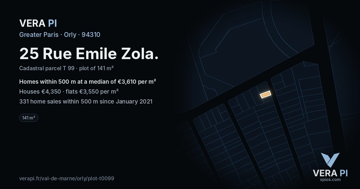 25 Rue Emile Zola, Orly at night – the plot lit, the parcels around coloured by the prices near them