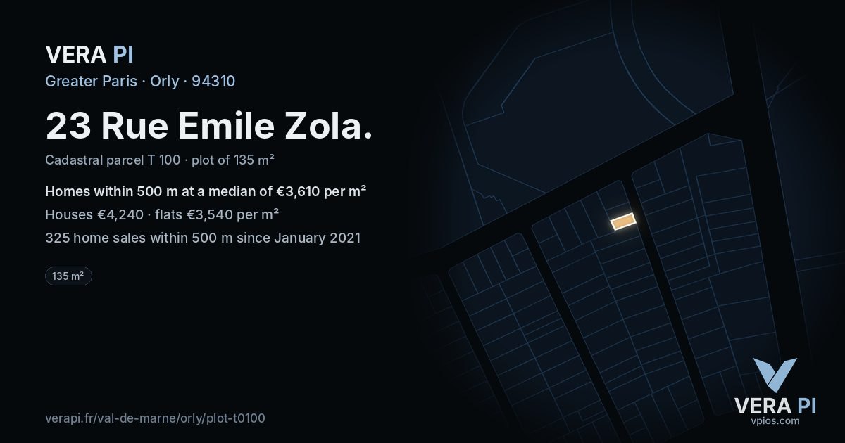 23 Rue Emile Zola, Orly at night – the plot lit, the parcels around coloured by the prices near them