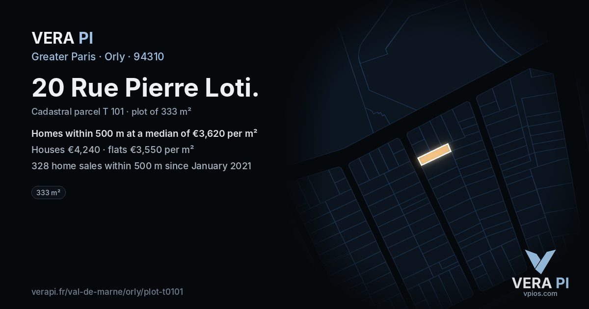 20 Rue Pierre Loti, Orly at night – the plot lit, the parcels around coloured by the prices near them