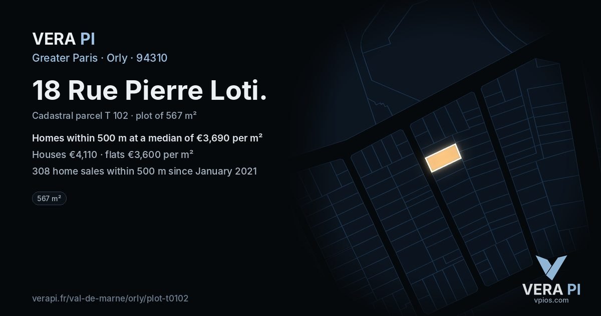 18 Rue Pierre Loti, Orly at night – the plot lit, the parcels around coloured by the prices near them
