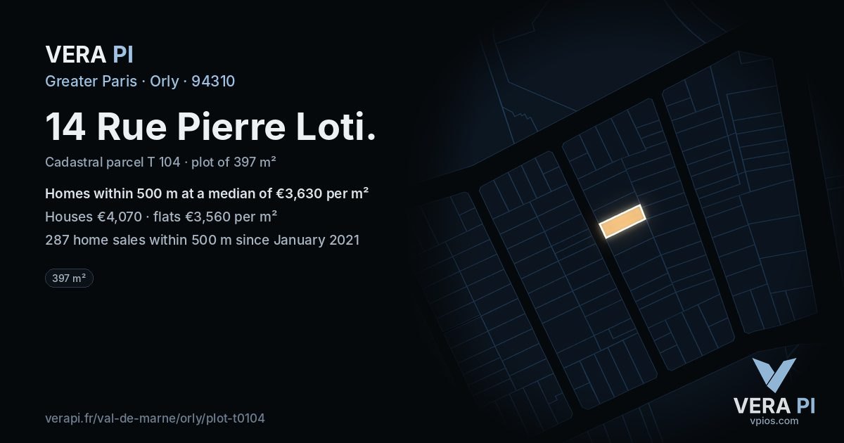 14 Rue Pierre Loti, Orly at night – the plot lit, the parcels around coloured by the prices near them