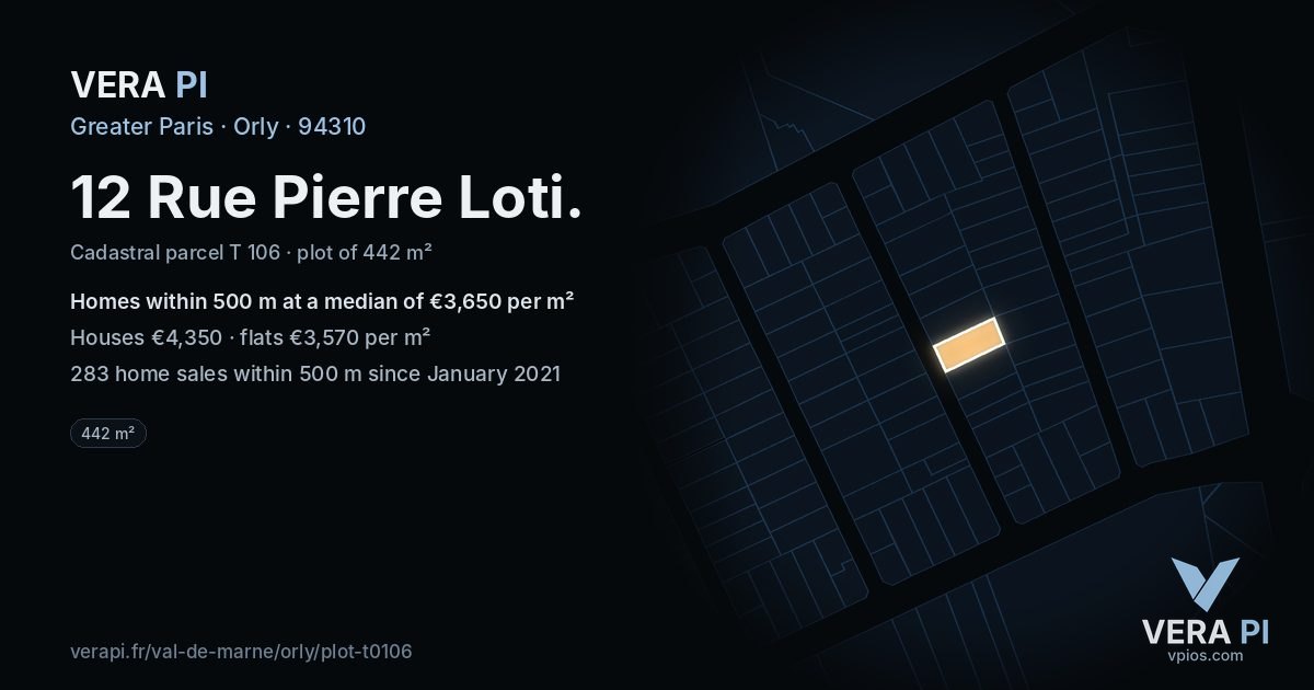 12 Rue Pierre Loti, Orly at night – the plot lit, the parcels around coloured by the prices near them