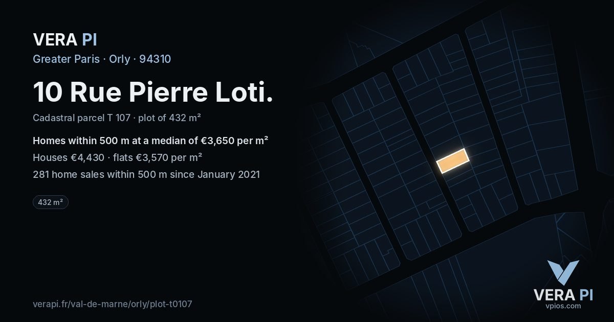 10 Rue Pierre Loti, Orly at night – the plot lit, the parcels around coloured by the prices near them
