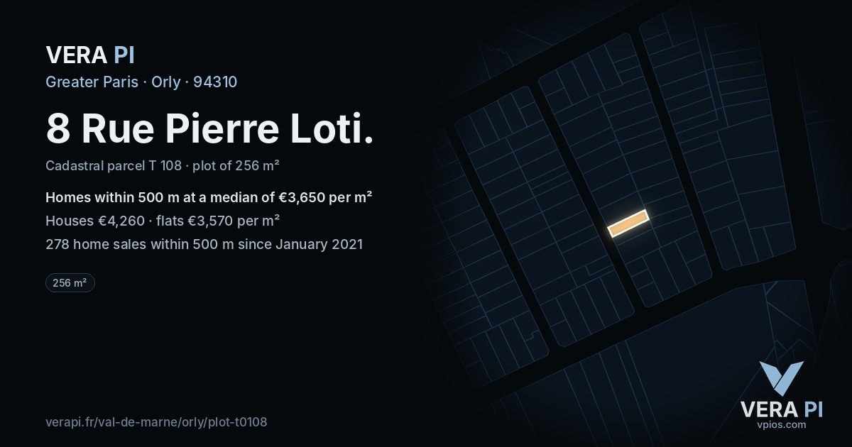 8 Rue Pierre Loti, Orly at night – the plot lit, the parcels around coloured by the prices near them