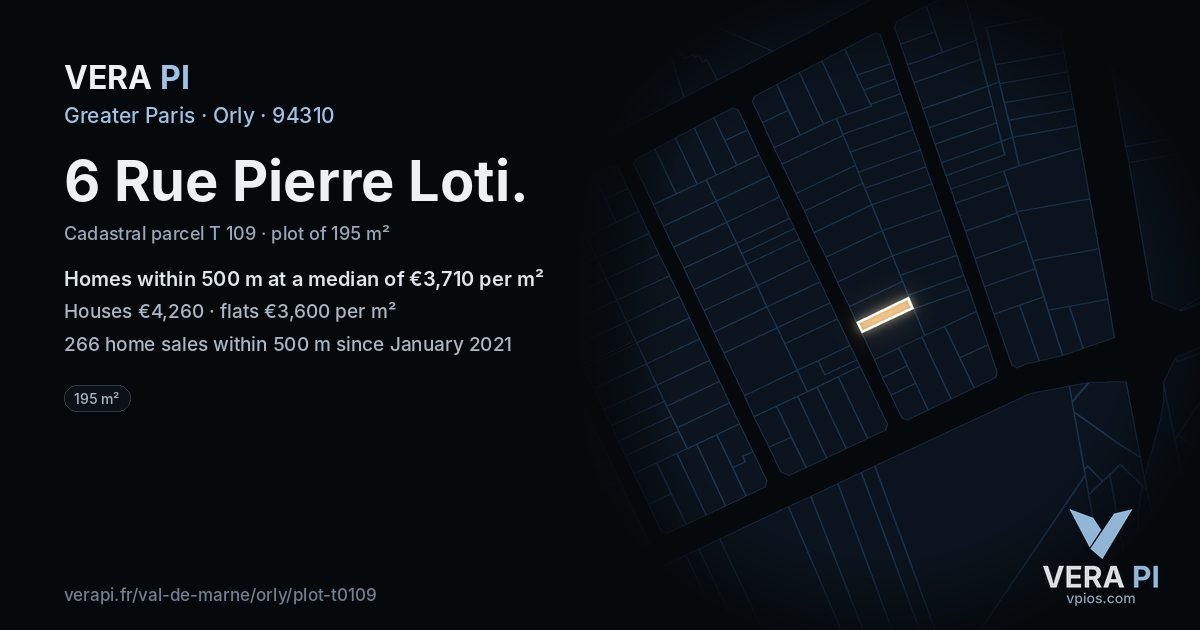 6 Rue Pierre Loti, Orly at night – the plot lit, the parcels around coloured by the prices near them