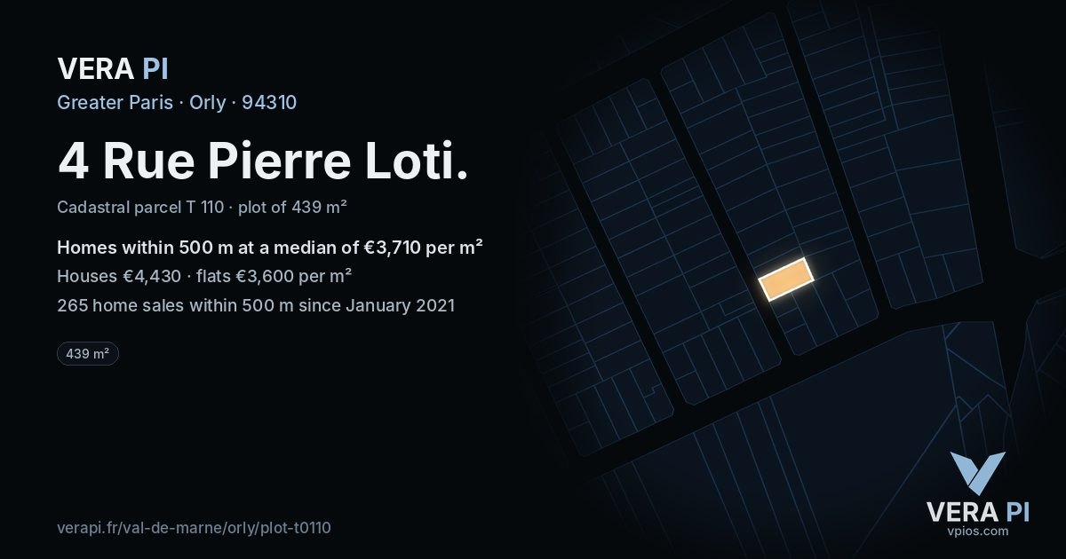4 Rue Pierre Loti, Orly at night – the plot lit, the parcels around coloured by the prices near them