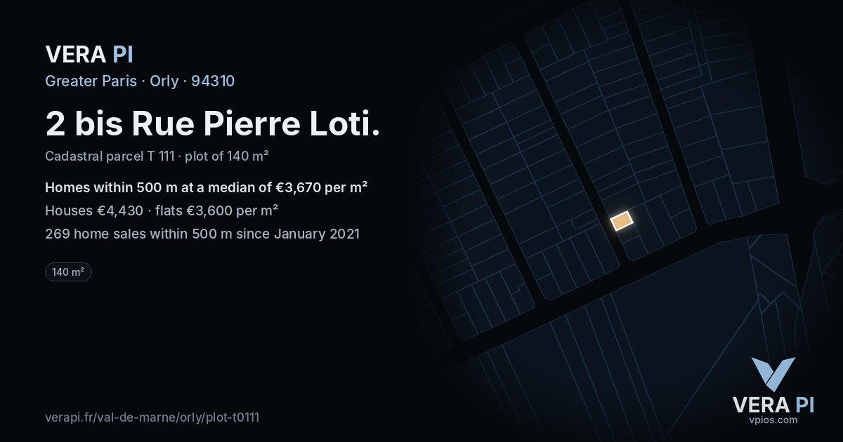 2 bis Rue Pierre Loti, Orly at night – the plot lit, the parcels around coloured by the prices near them