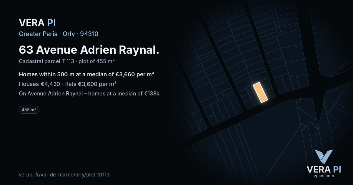63 Avenue Adrien Raynal, Orly at night – the plot lit, the parcels around coloured by the prices near them