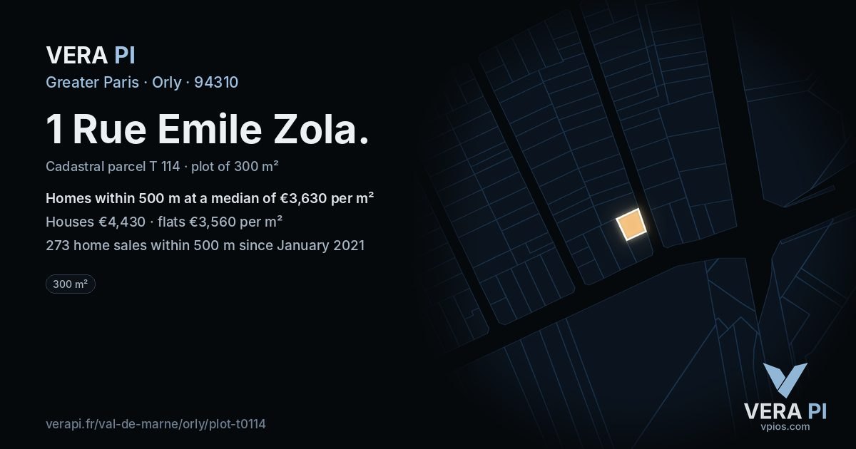 1 Rue Emile Zola, Orly at night – the plot lit, the parcels around coloured by the prices near them