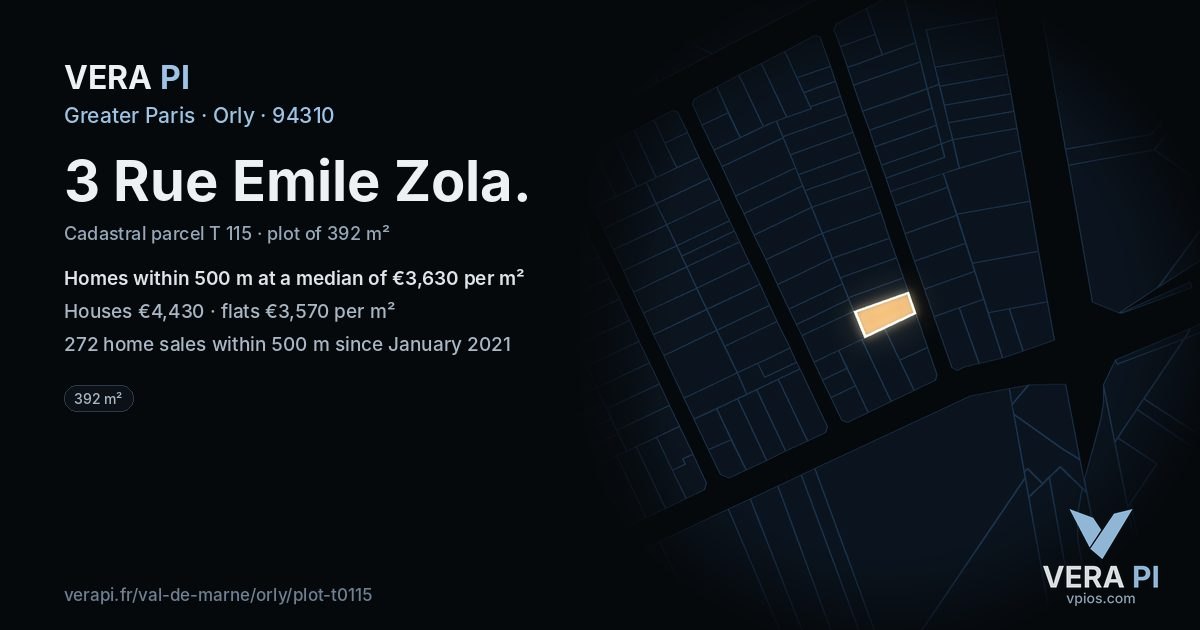 3 Rue Emile Zola, Orly at night – the plot lit, the parcels around coloured by the prices near them