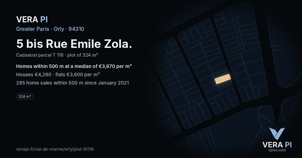 5 bis Rue Emile Zola, Orly at night – the plot lit, the parcels around coloured by the prices near them