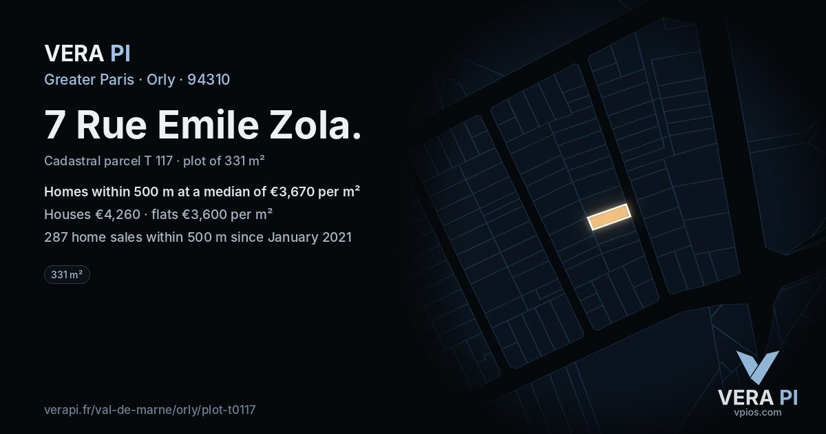 7 Rue Emile Zola, Orly at night – the plot lit, the parcels around coloured by the prices near them