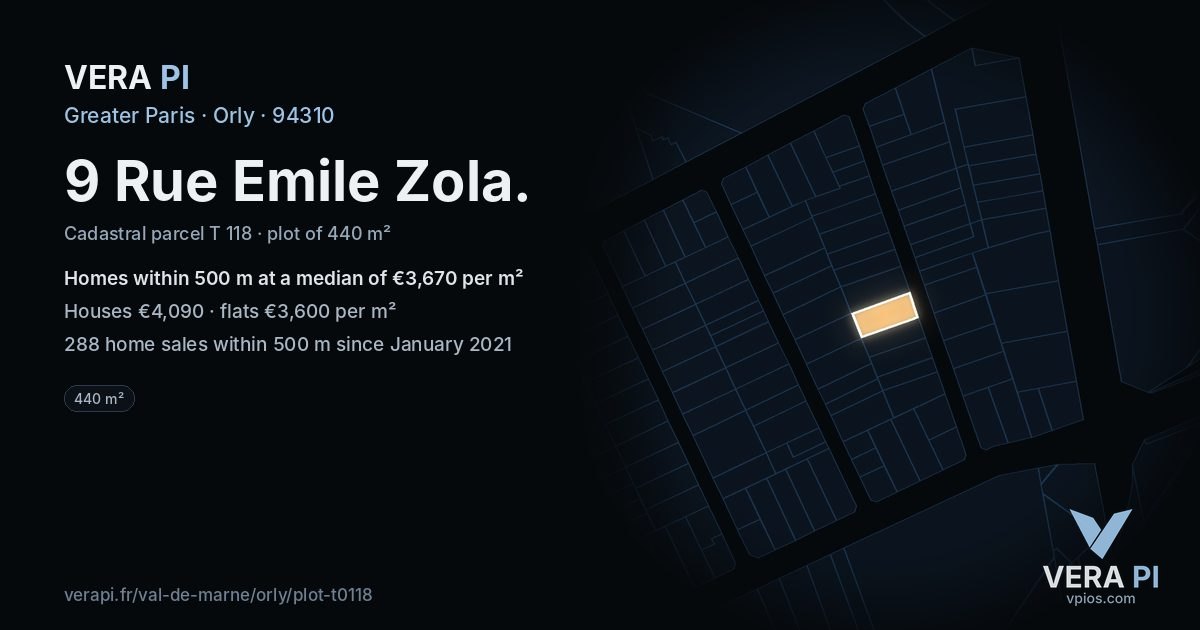 9 Rue Emile Zola, Orly at night – the plot lit, the parcels around coloured by the prices near them