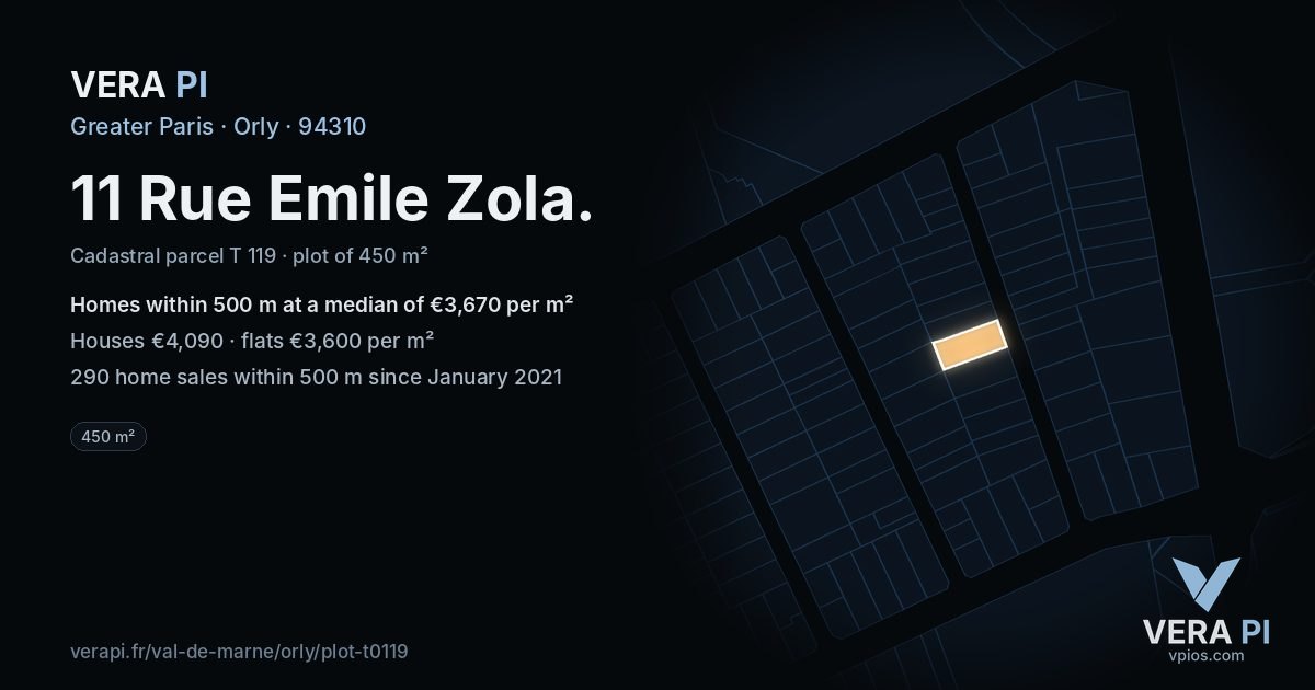 11 Rue Emile Zola, Orly at night – the plot lit, the parcels around coloured by the prices near them